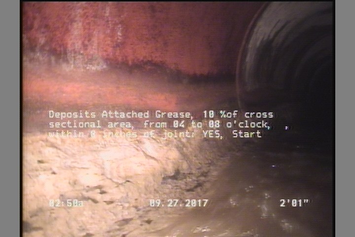 Deposits Attached Grease, 10 %of cross sectional area, from 04 to 08 o'clock, , within 8 inches of joint: YES, Start