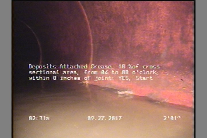 Deposits Attached Grease, 10 %of cross sectional area, from 04 to 08 o'clock, , within 8 inches of joint: YES, Start