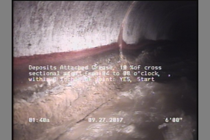 Deposits Attached Grease, 10 %of cross sectional area, from 04 to 08 o'clock, , within 8 inches of joint: YES, Start