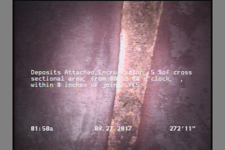 Deposits Attached Encrustation, 5 %of cross sectional area, from 08 to 04 o'clock, , within 8 inches of joint: YES