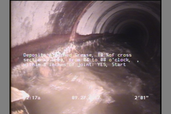 Deposits Attached Grease, 10 %of cross sectional area, from 04 to 08 o'clock, , within 8 inches of joint: YES, Start