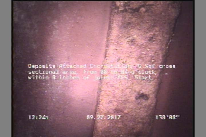 Deposits Attached Encrustation, 5 %of cross sectional area, from 08 to 04 o'clock, , within 8 inches of joint: YES, Start