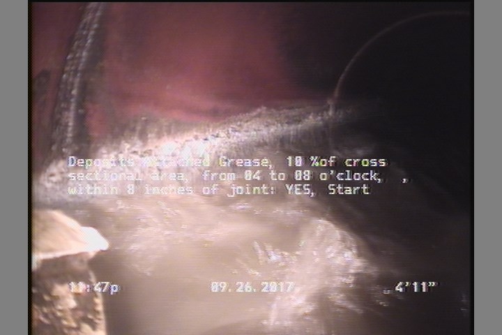 Deposits Attached Grease, 10 %of cross sectional area, from 04 to 08 o'clock, , within 8 inches of joint: YES, Start