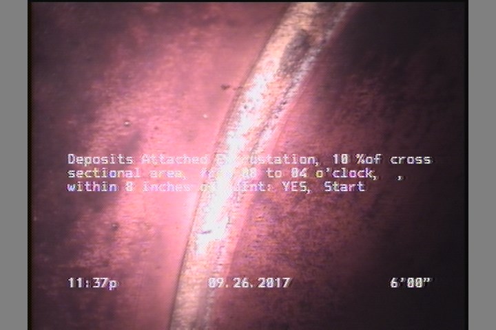 Deposits Attached Encrustation, 10 %of cross sectional area, from 08 to 04 o'clock, , within 8 inches of joint: YES, Start