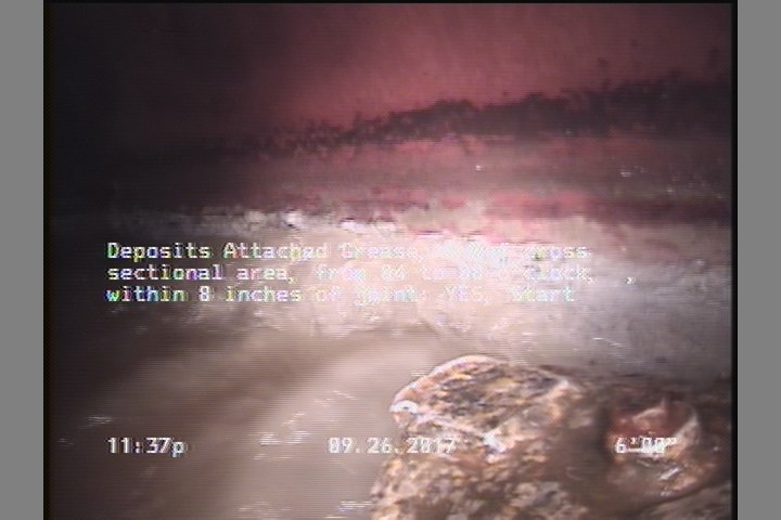 Deposits Attached Grease, 5 %of cross sectional area, from 04 to 08 o'clock, , within 8 inches of joint: YES, Start