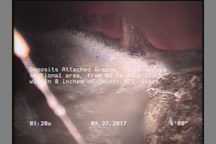 Deposits Attached Grease, 10 %of cross sectional area, from 04 to 08 o'clock, , within 8 inches of joint: YES, Start