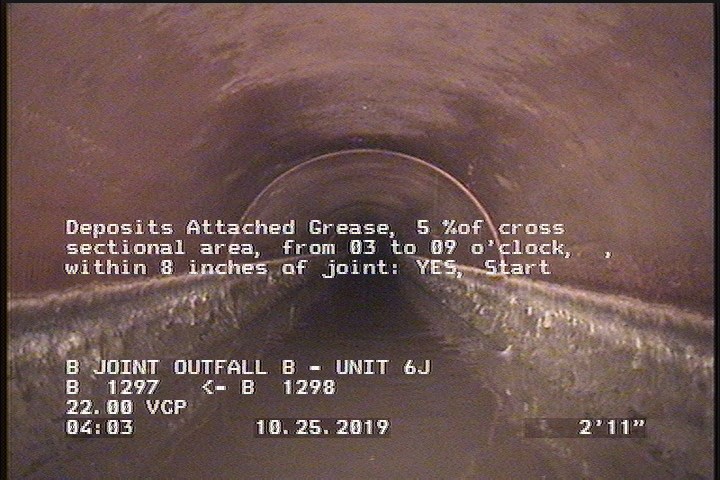 Deposits Attached Grease, 5 %of cross sectional area, from 03 to 09 o'clock, , within 8 inches of joint: YES, Start