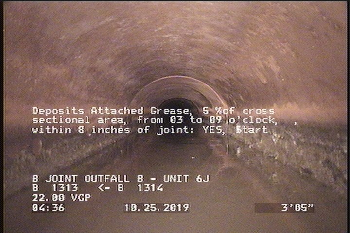 Deposits Attached Grease, 5 %of cross sectional area, from 03 to 09 o'clock, , within 8 inches of joint: YES, Start