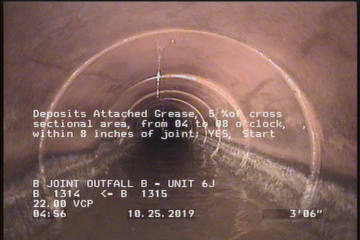 Deposits Attached Grease, 5 %of cross sectional area, from 04 to 08 o'clock, , within 8 inches of joint: YES, Start