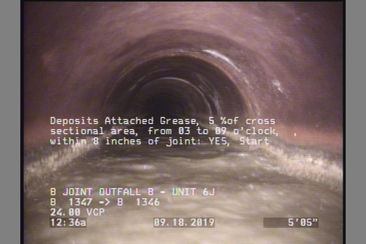 Deposits Attached Grease, 5 %of cross sectional area, from 03 to 09 o'clock, , within 8 inches of joint: YES, Start