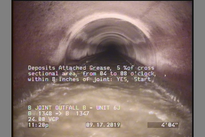 Deposits Attached Grease, 5 %of cross sectional area, from 04 to 08 o'clock, , within 8 inches of joint: YES, Start