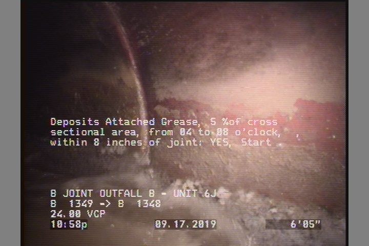 Deposits Attached Grease, 5 %of cross sectional area, from 04 to 08 o'clock, , within 8 inches of joint: YES, Start