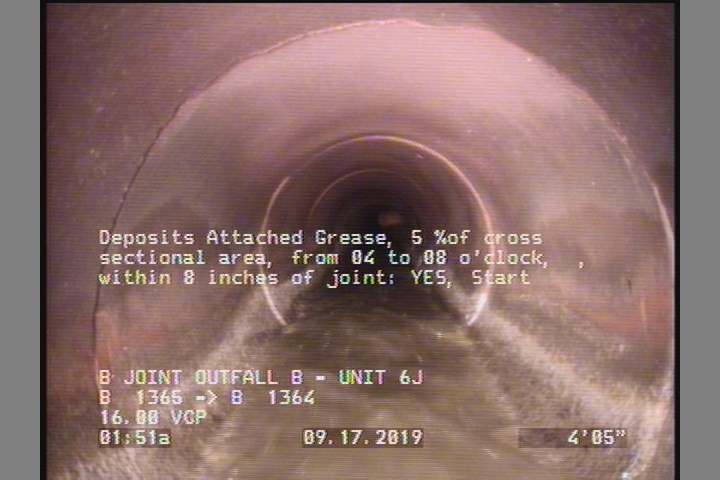 Deposits Attached Grease, 5 %of cross sectional area, from 04 to 08 o'clock, , within 8 inches of joint: YES, Start