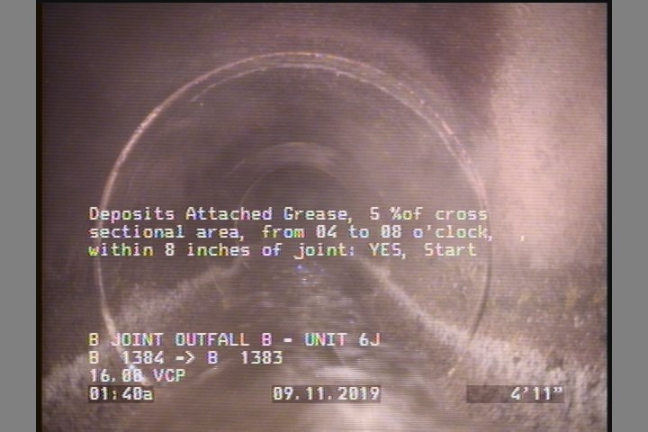 Deposits Attached Grease, 5 %of cross sectional area, from 04 to 08 o'clock, , within 8 inches of joint: YES, Start