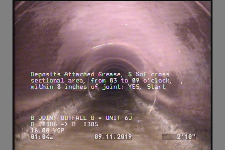 Deposits Attached Grease, 5 %of cross sectional area, from 03 to 09 o'clock, , within 8 inches of joint: YES, Start