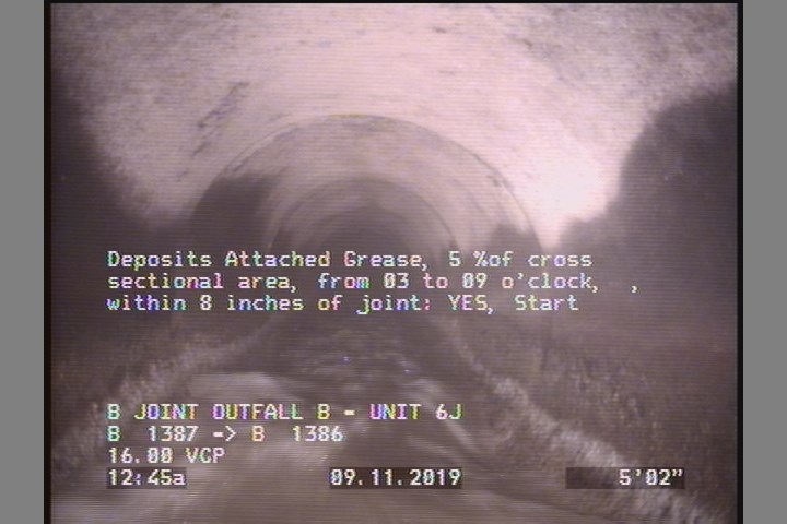 Deposits Attached Grease, 5 %of cross sectional area, from 03 to 09 o'clock, , within 8 inches of joint: YES, Start
