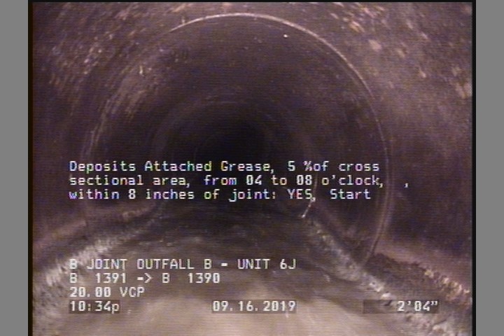 Deposits Attached Grease, 5 %of cross sectional area, from 04 to 08 o'clock, , within 8 inches of joint: YES, Start