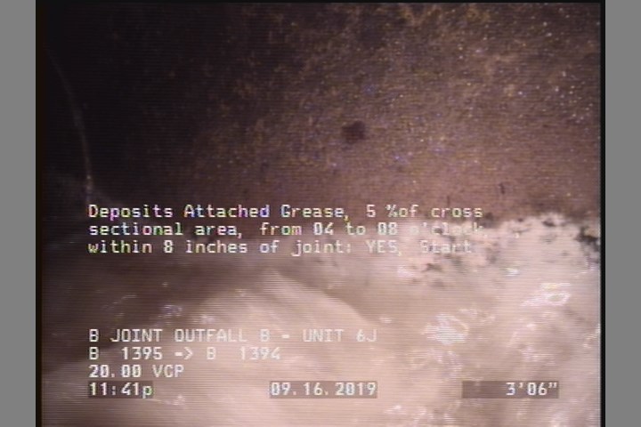 Deposits Attached Grease, 5 %of cross sectional area, from 04 to 08 o'clock, , within 8 inches of joint: YES, Start