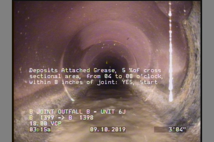 Deposits Attached Grease, 5 %of cross sectional area, from 04 to 08 o'clock, , within 8 inches of joint: YES, Start