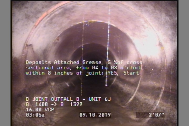 Deposits Attached Grease, 5 %of cross sectional area, from 04 to 08 o'clock, , within 8 inches of joint: YES, Start