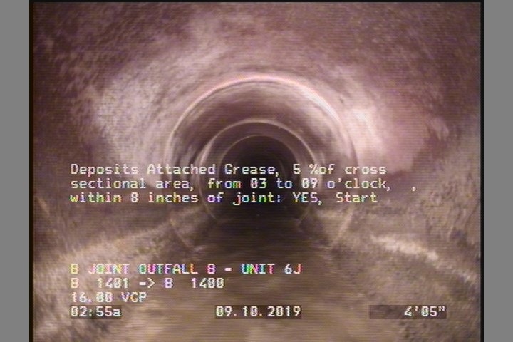 Deposits Attached Grease, 5 %of cross sectional area, from 03 to 09 o'clock, , within 8 inches of joint: YES, Start