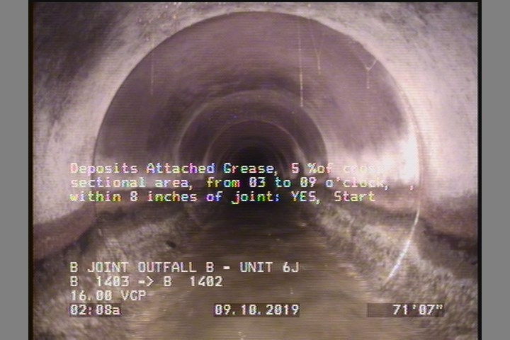 Deposits Attached Grease, 5 %of cross sectional area, from 03 to 09 o'clock, , within 8 inches of joint: YES, Start