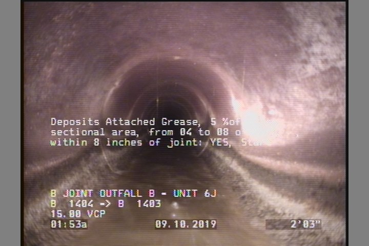 Deposits Attached Grease, 5 %of cross sectional area, from 04 to 08 o'clock, , within 8 inches of joint: YES, Start