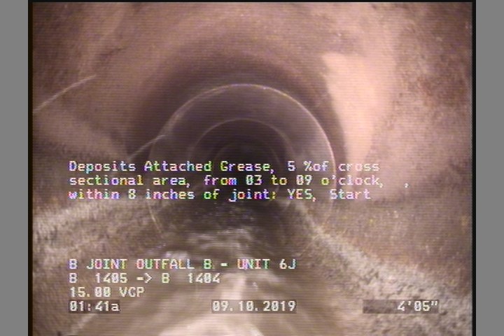 Deposits Attached Grease, 5 %of cross sectional area, from 03 to 09 o'clock, , within 8 inches of joint: YES, Start