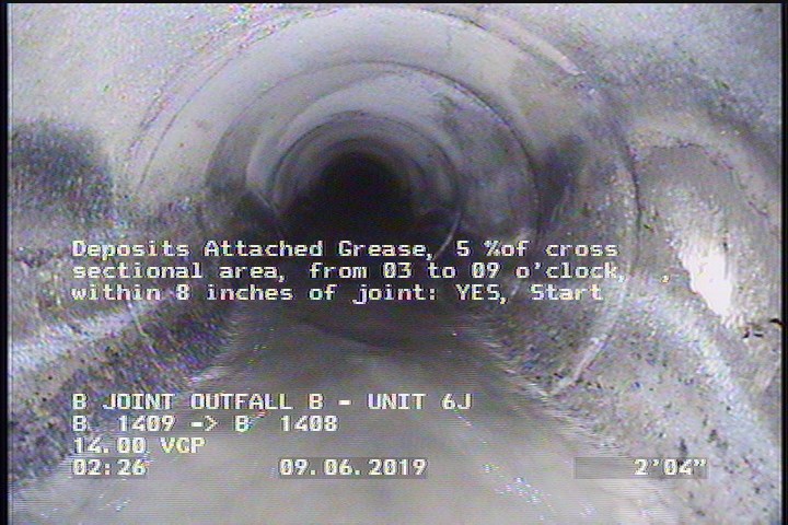 Deposits Attached Grease, 5 %of cross sectional area, from 03 to 09 o'clock, , within 8 inches of joint: YES, Start
