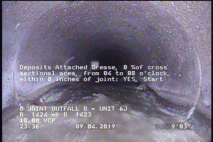 Deposits Attached Grease, 0 %of cross sectional area, from 04 to 08 o'clock, , within 8 inches of joint: YES, Start