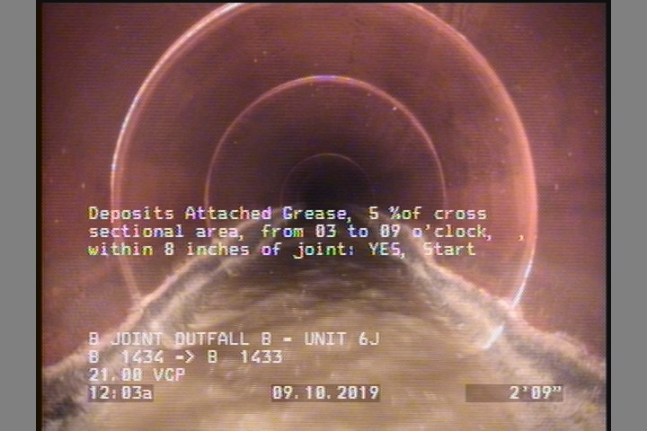 Deposits Attached Grease, 5 %of cross sectional area, from 03 to 09 o'clock, , within 8 inches of joint: YES, Start