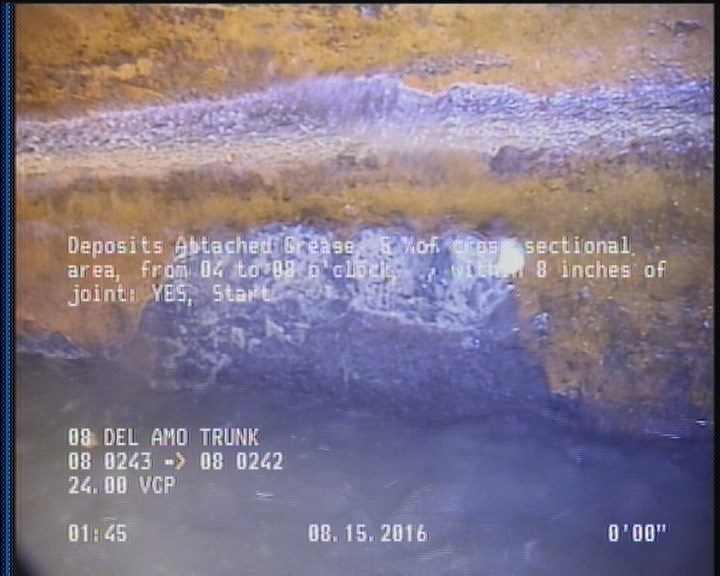Deposits Attached Grease, 5 %of cross sectional area, from 04 to 08 o'clock, , within 8 inches of joint: YES, Start