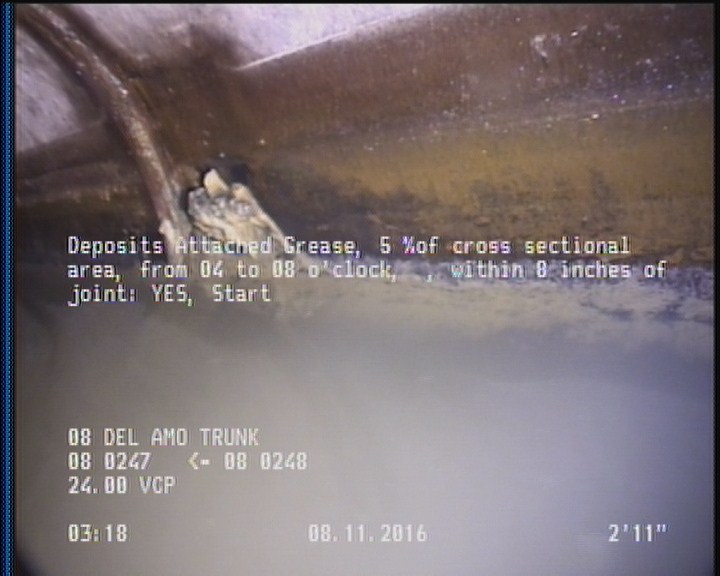 Deposits Attached Grease, 5 %of cross sectional area, from 04 to 08 o'clock, , within 8 inches of joint: YES, Start