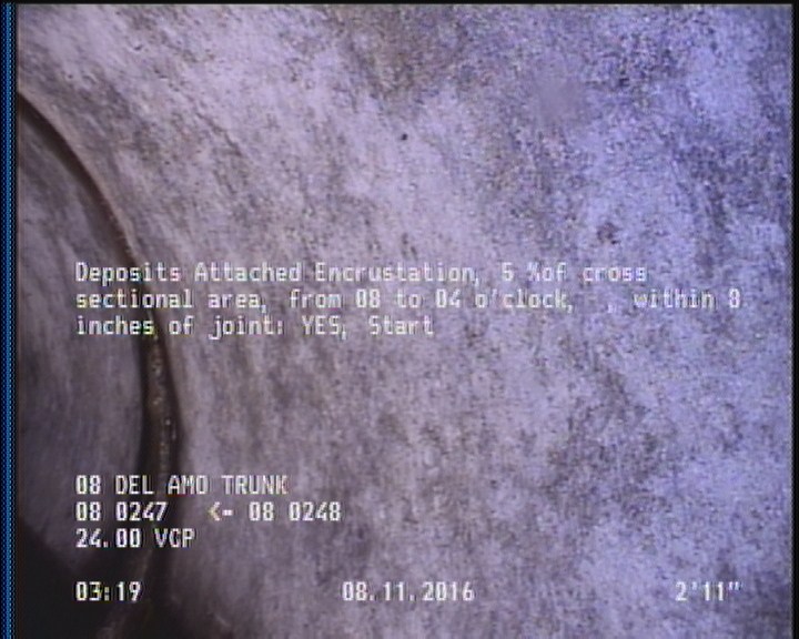 Deposits Attached Encrustation, 5 %of cross sectional area, from 08 to 04 o'clock, , within 8 inches of joint: YES, Start