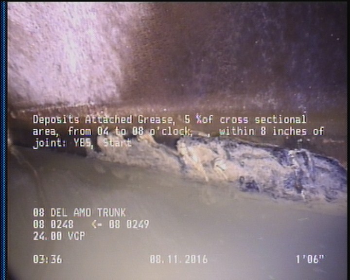 Deposits Attached Grease, 5 %of cross sectional area, from 04 to 08 o'clock, , within 8 inches of joint: YES, Start
