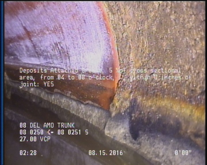 Deposits Attached Grease, 5 %of cross sectional area, from 04 to 08 o'clock, , within 8 inches of joint: YES