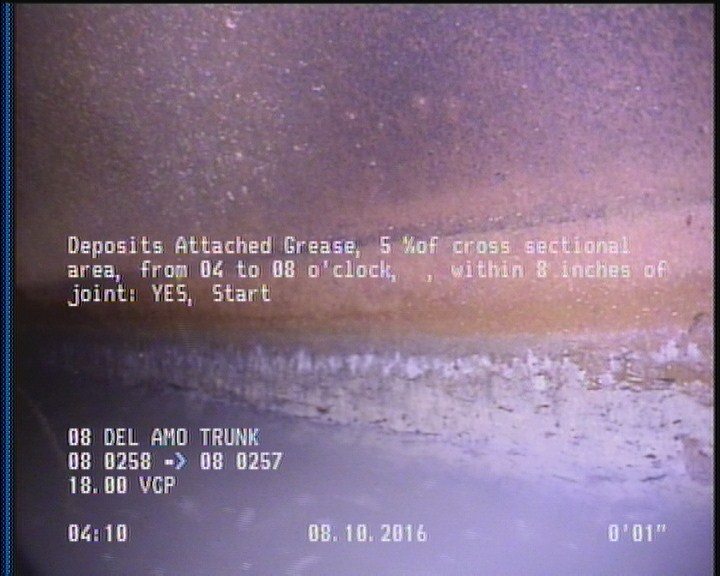 Deposits Attached Grease, 5 %of cross sectional area, from 04 to 08 o'clock, , within 8 inches of joint: YES, Start