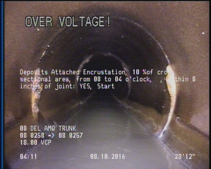 Deposits Attached Encrustation, 10 %of cross sectional area, from 08 to 04 o'clock, , within 8 inches of joint: YES, Start