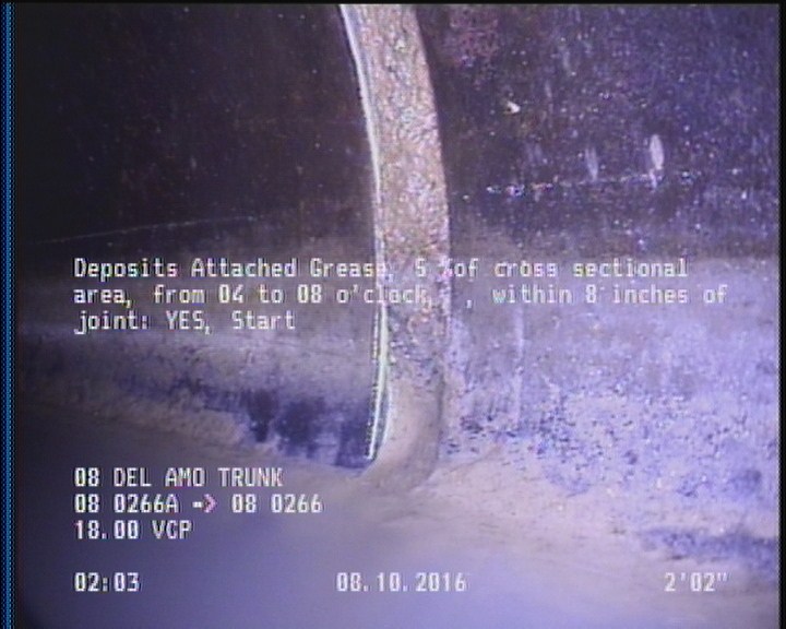 Deposits Attached Grease, 5 %of cross sectional area, from 04 to 08 o'clock, , within 8 inches of joint: YES, Start