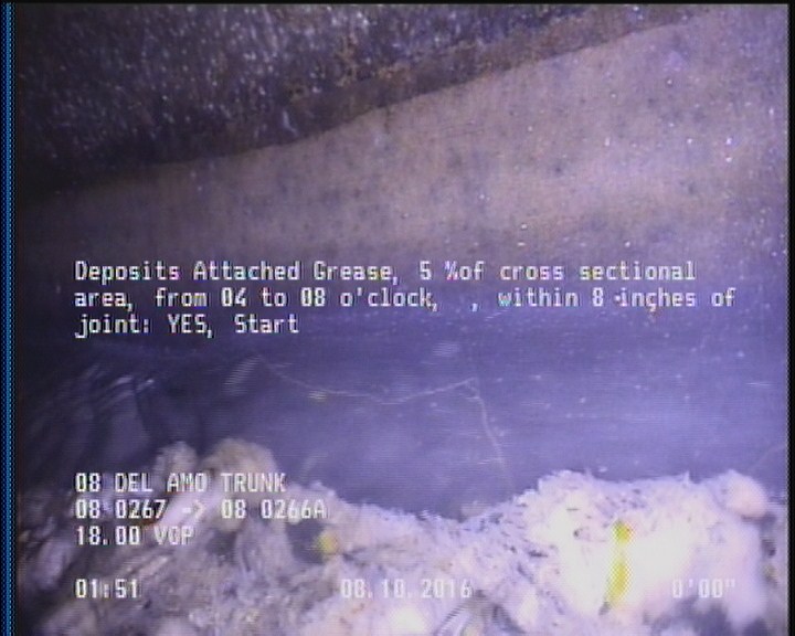 Deposits Attached Grease, 5 %of cross sectional area, from 04 to 08 o'clock, , within 8 inches of joint: YES, Start