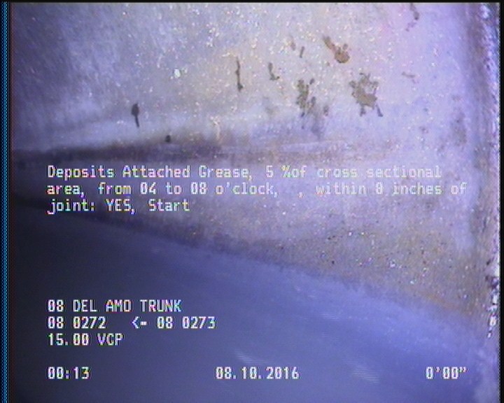 Deposits Attached Grease, 5 %of cross sectional area, from 04 to 08 o'clock, , within 8 inches of joint: YES, Start
