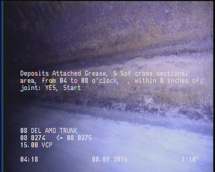 Deposits Attached Grease, 5 %of cross sectional area, from 04 to 08 o'clock, , within 8 inches of joint: YES, Start