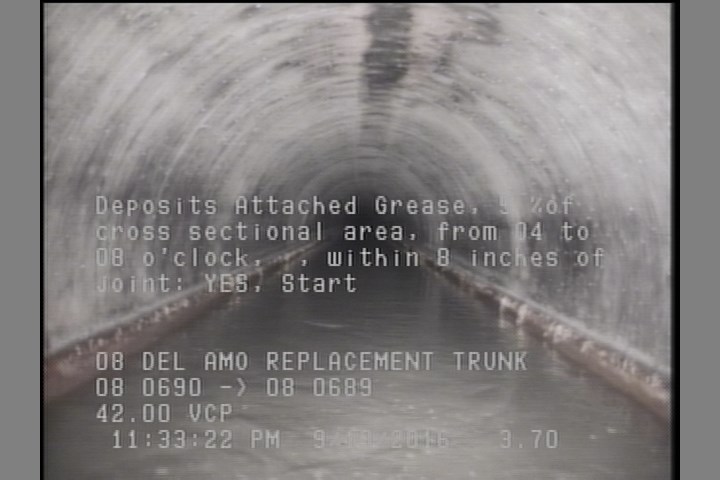 Deposits Attached Grease, 5 %of cross sectional area, from 04 to 08 o'clock, , within 8 inches of joint: YES, Start