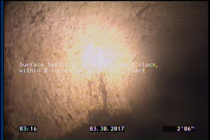 Surface Spalling, from 08 to 04 o'clock, within 8 inches of joint: YES, Start