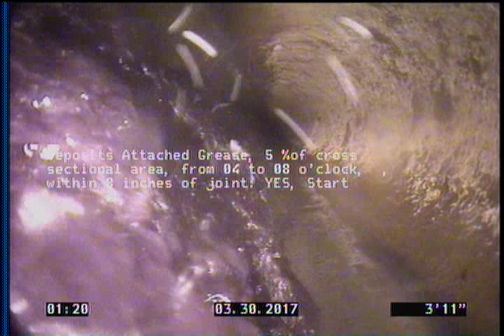 Deposits Attached Grease, 5 %of cross sectional area, from 04 to 08 o'clock, , within 8 inches of joint: YES, Start