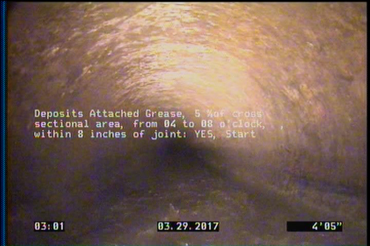 Deposits Attached Grease, 5 %of cross sectional area, from 04 to 08 o'clock, , within 8 inches of joint: YES, Start