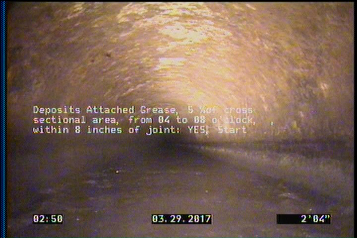 Deposits Attached Grease, 5 %of cross sectional area, from 04 to 08 o'clock, , within 8 inches of joint: YES, Start