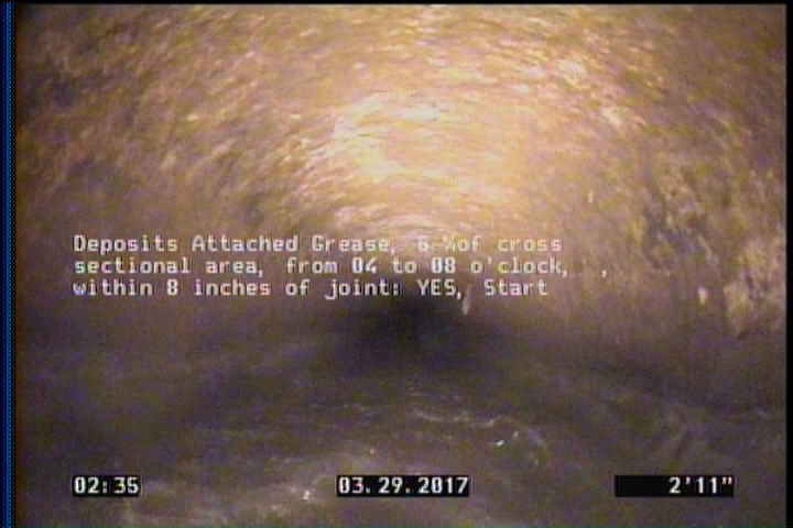 Deposits Attached Grease, 5 %of cross sectional area, from 04 to 08 o'clock, , within 8 inches of joint: YES, Start