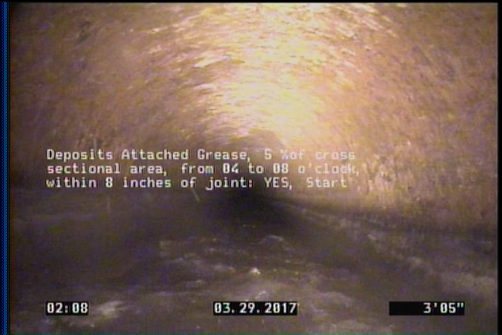 Deposits Attached Grease, 5 %of cross sectional area, from 04 to 08 o'clock, , within 8 inches of joint: YES, Start