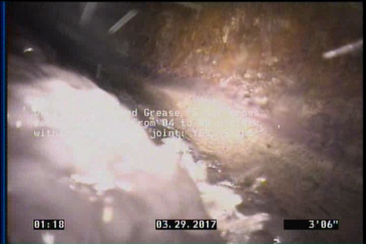 Deposits Attached Grease, 5 %of cross sectional area, from 04 to 08 o'clock, , within 8 inches of joint: YES, Start